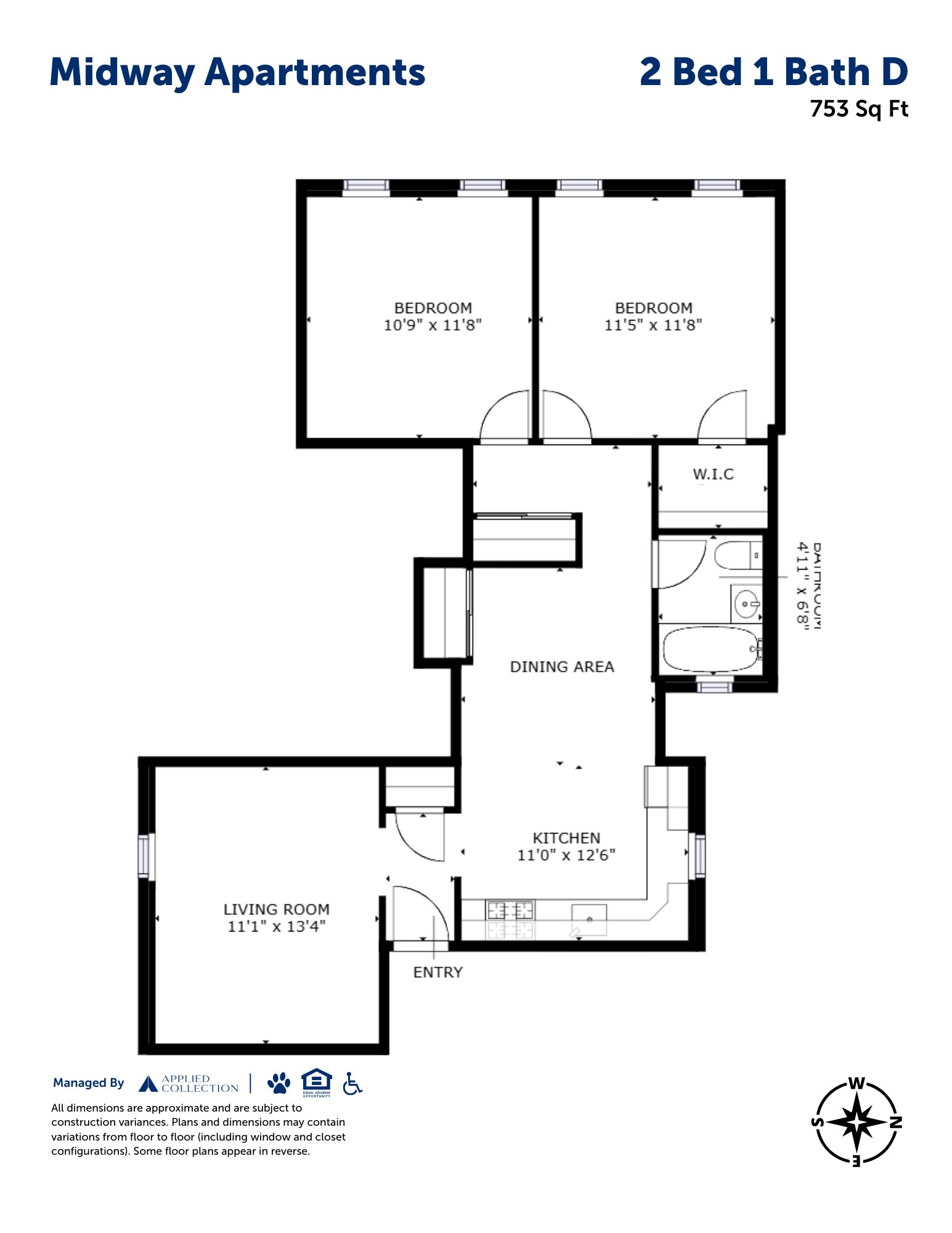 Floor plan for 2 beds, 1 bath, 753 sqft